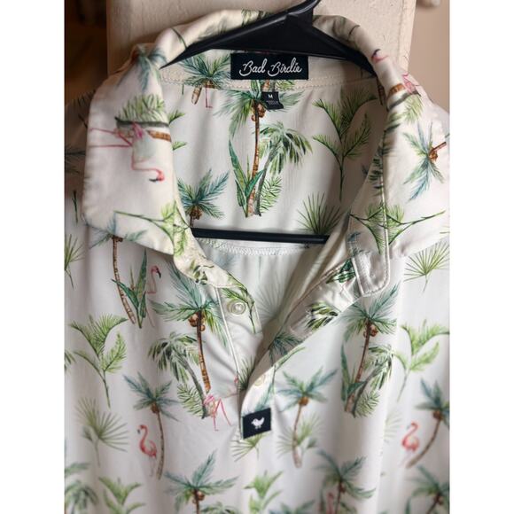 Bad Birdie Golf Polo Shirt Mens Medium White Green Palm Trees Pelican Graphic - Picture 3 of 5